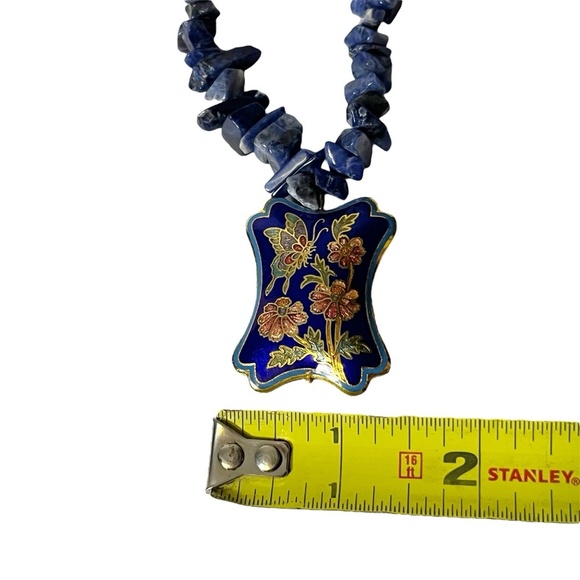Vintage 70s Lapis Lazuli Necklace w/ Cloisonne Butterfly Pendant 15” Hand-Beaded - Picture 11 of 11